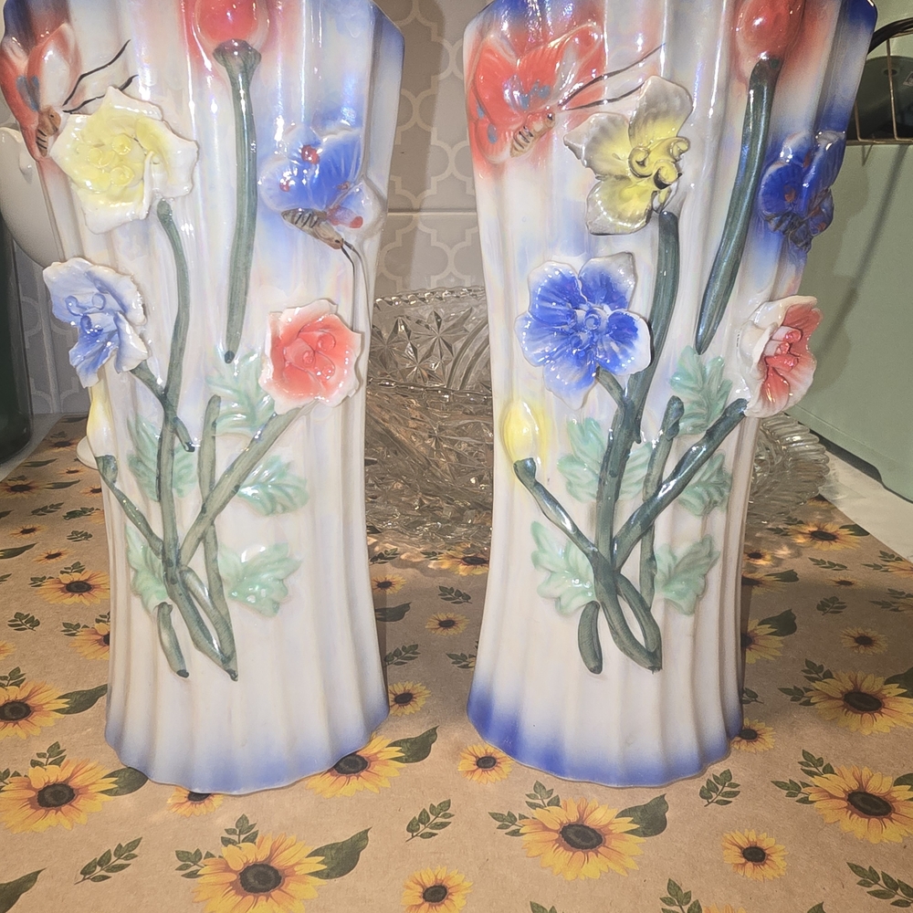 Floral Ceramic Vases with Multicolor Accents